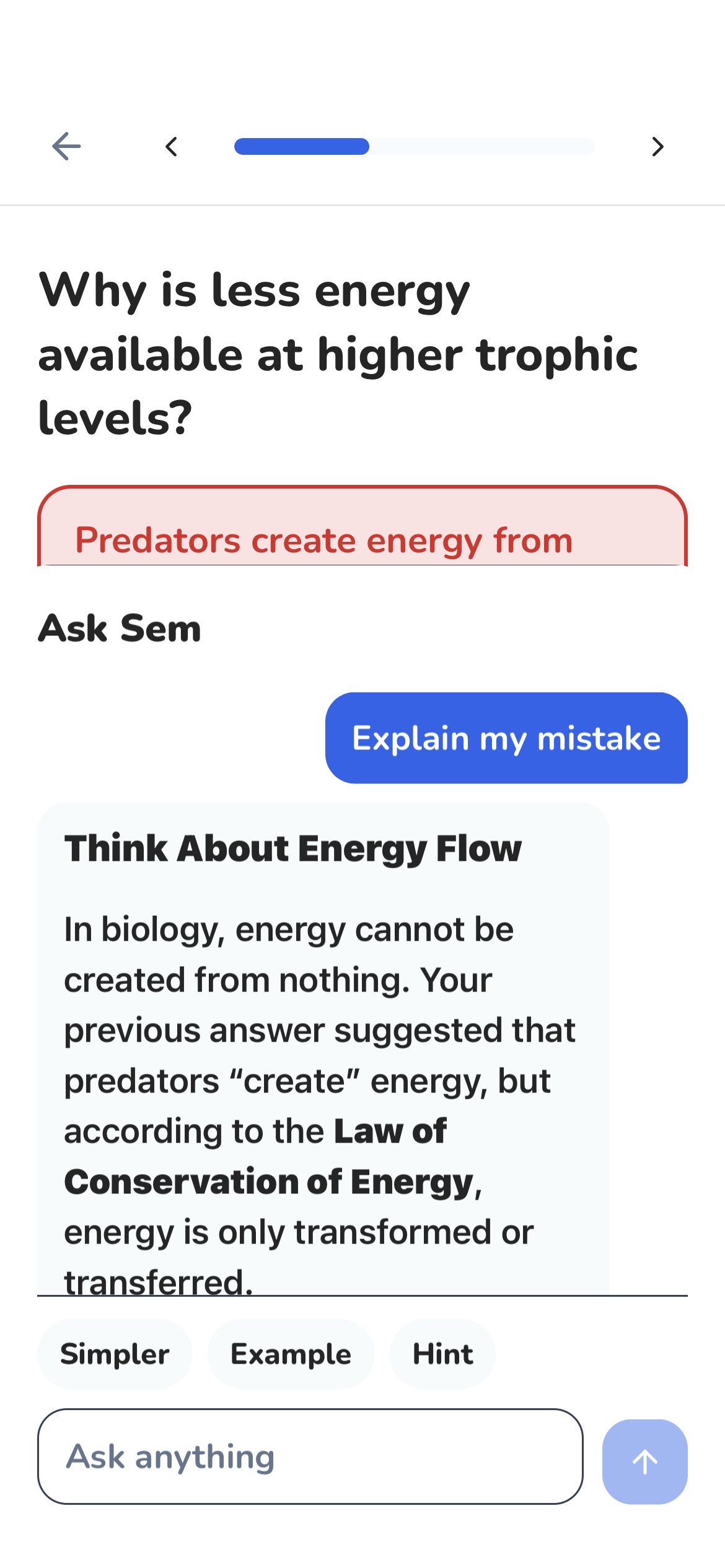 Ask Sem chat in a lesson
